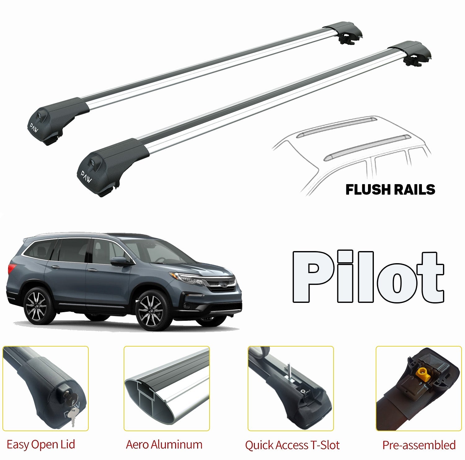 For Honda Pilot Roof Rack Cross Bars For of Flush Rails Silver 2016--> For Honda Pilot Roof Rack Cross Bars For of Flush Rails Silver 2016-->